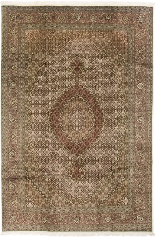 Full view of New Tabriz Silk rug from Iran / Persia, 305 × 205 cm in Beige tones