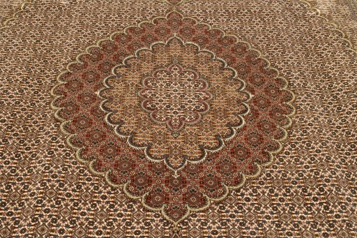 Corner detail of New Tabriz Silk rug showing border pattern and Wool pile
