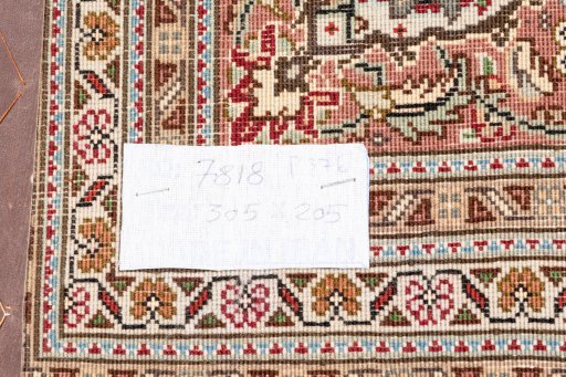 Full view of New Tabriz Silk rug from Iran / Persia, 305 × 205 cm in Beige tones