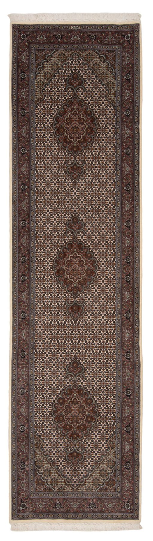 Full view of New Tabriz Silk rug from Iran / Persia, 310 × 80 cm in Beige tones