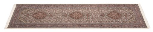 Full view of New Tabriz Silk rug from Iran / Persia, 310 × 80 cm in Beige tones