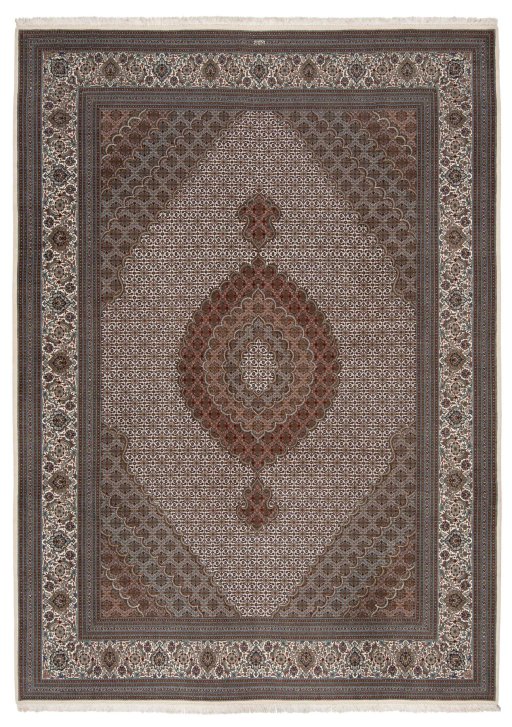 Full view of New Tabriz Silk rug from Iran / Persia, 357 × 255 cm in Beige tones