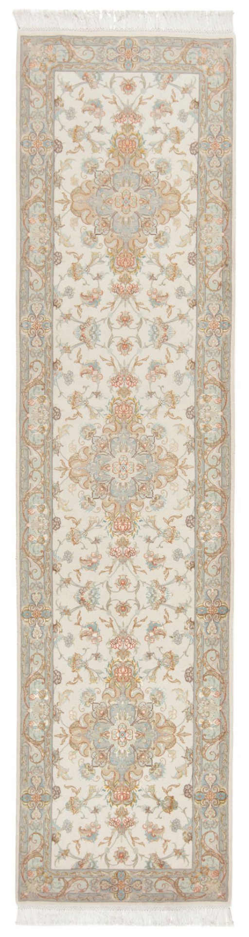 Full view of New Tabriz Silk rug from Iran / Persia, 322 × 80 cm in Beige tones