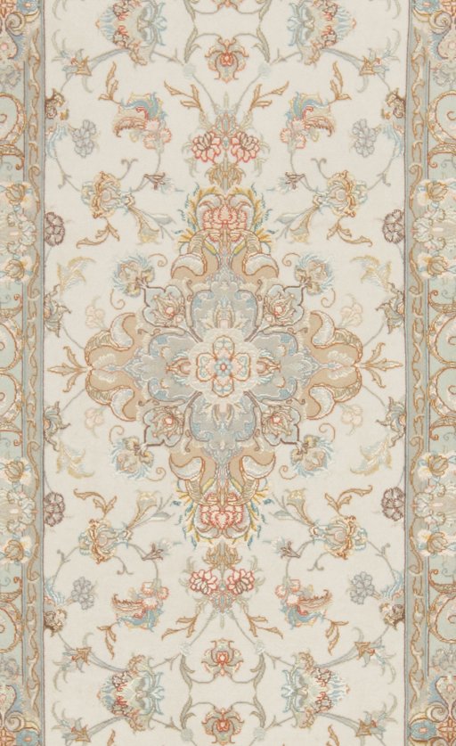 Close-up detail of New Tabriz Silk rug from Iran / Persia showing Wool weave
