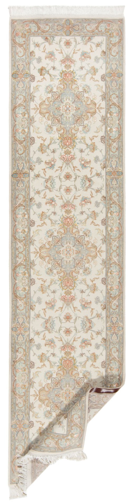 Close-up detail of New Tabriz Silk rug from Iran / Persia showing Wool weave
