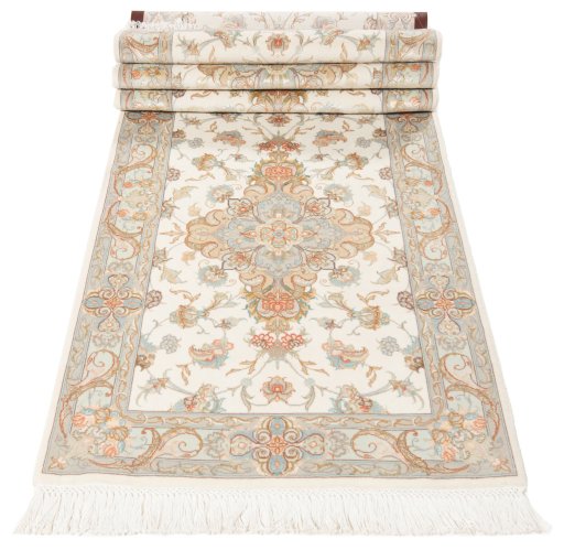 Full view of New Tabriz Silk rug from Iran / Persia, 322 × 80 cm in Beige tones