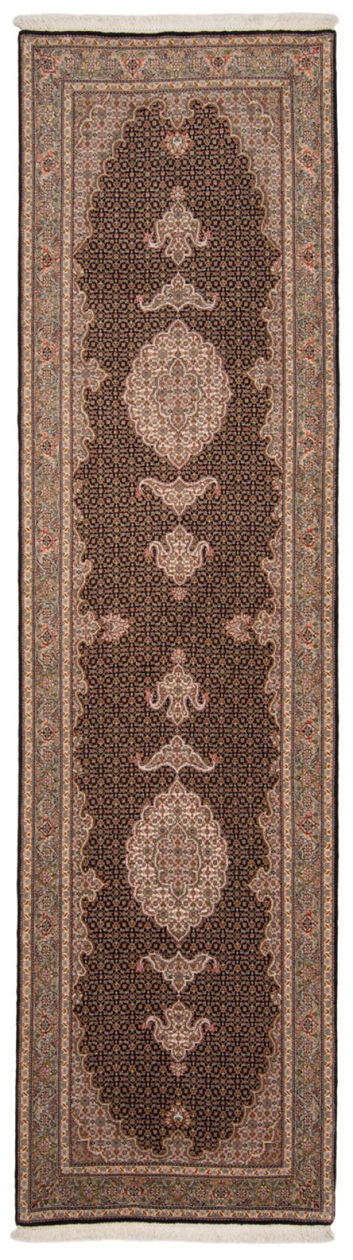 Full view of New Tabriz Silk rug from Iran / Persia, 300 × 82 cm in Blue tones