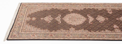 Full view of New Tabriz Silk rug from Iran / Persia, 300 × 82 cm in Blue tones