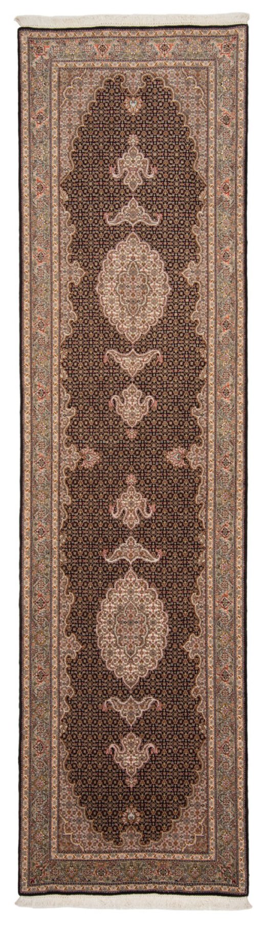 Full view of New Tabriz Silk rug from Iran / Persia, 300 × 82 cm in Blue tones