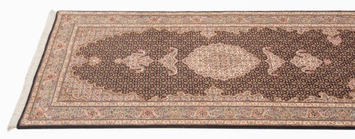 Full view of New Tabriz Silk rug from Iran / Persia, 300 × 82 cm in Blue tones