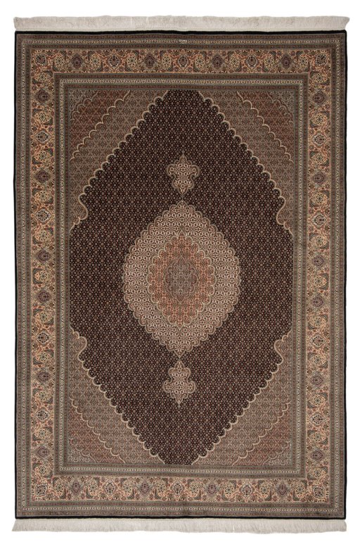 Full view of New Tabriz Silk rug from Iran / Persia, 295 × 200 cm in Blue tones