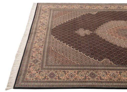 Corner detail of New Tabriz Silk rug showing border pattern and Wool pile