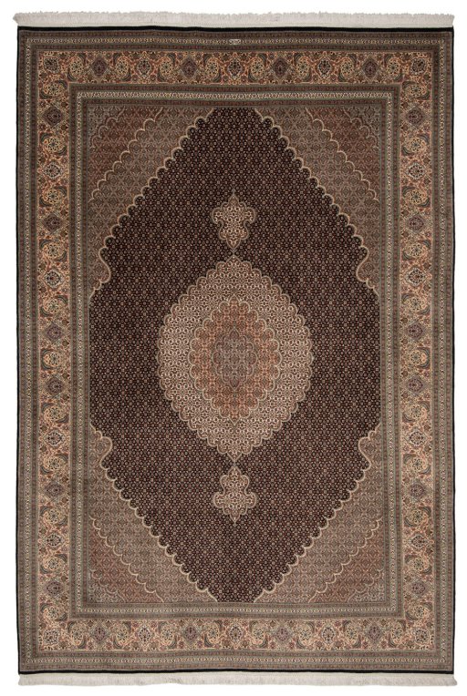 Full view of New Tabriz Silk rug from Iran / Persia, 295 × 197 cm in Blue tones