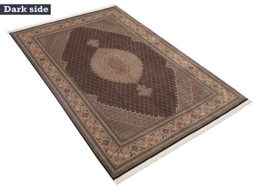 Corner detail of New Tabriz Silk rug showing border pattern and Wool pile
