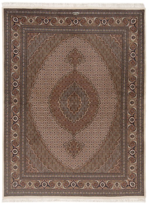 Full view of New Tabriz Silk rug from Iran / Persia, 204 × 154 cm in Beige tones