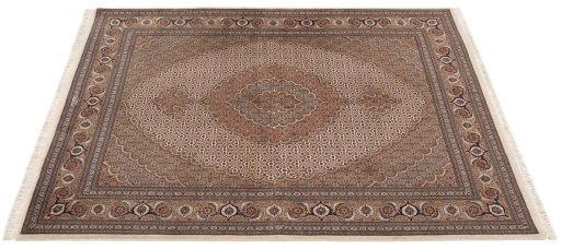 Corner detail of New Tabriz Silk rug showing border pattern and Wool pile