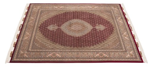 Corner detail of New Tabriz Silk rug showing border pattern and Wool pile