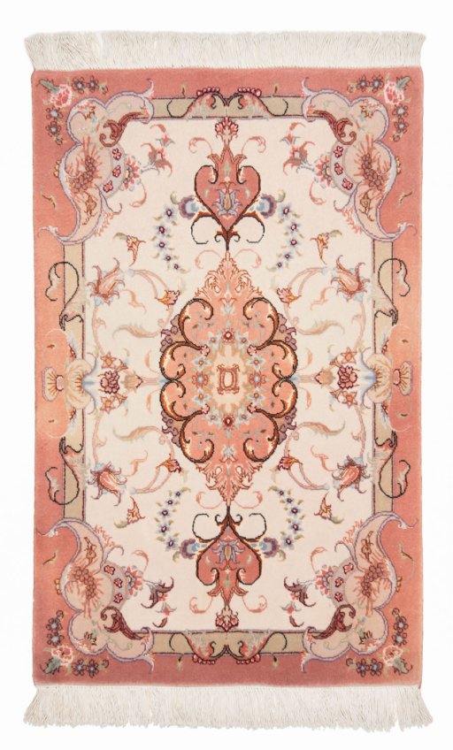 Full view of New Tabriz Silk rug from Iran / Persia, 95 × 60 cm in Beige tones