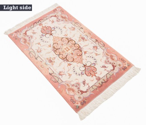 Corner detail of New Tabriz Silk rug showing border pattern and Wool pile