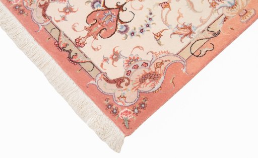 Close-up detail of New Tabriz Silk rug from Iran / Persia showing Wool weave
