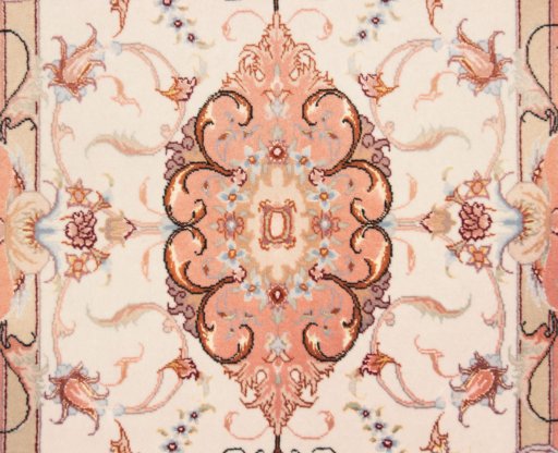 Full view of New Tabriz Silk rug from Iran / Persia, 95 × 60 cm in Beige tones