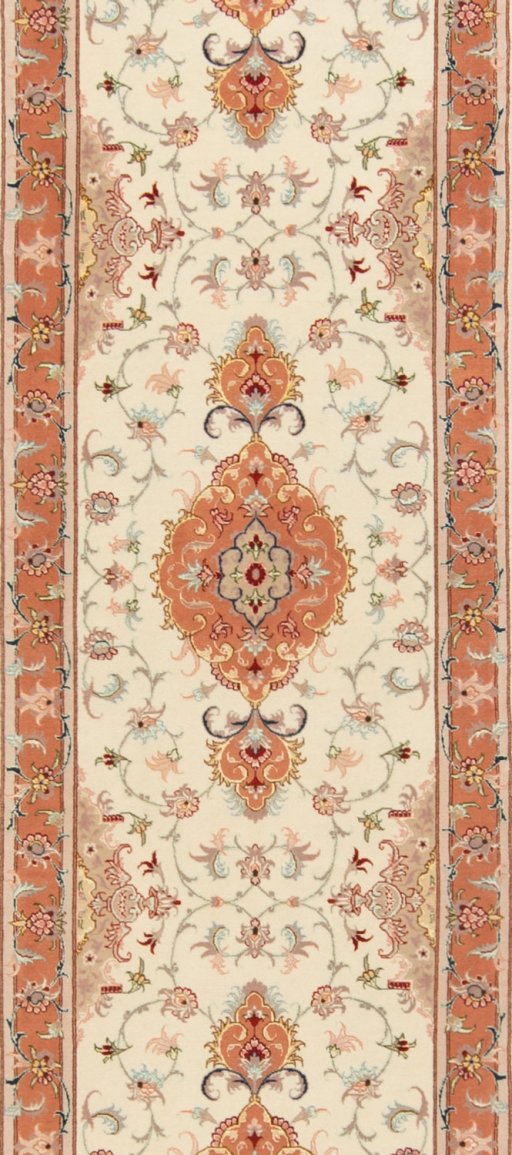 Full view of New Tabriz Silk rug from Iran / Persia, 975 × 83 cm in Beige tones