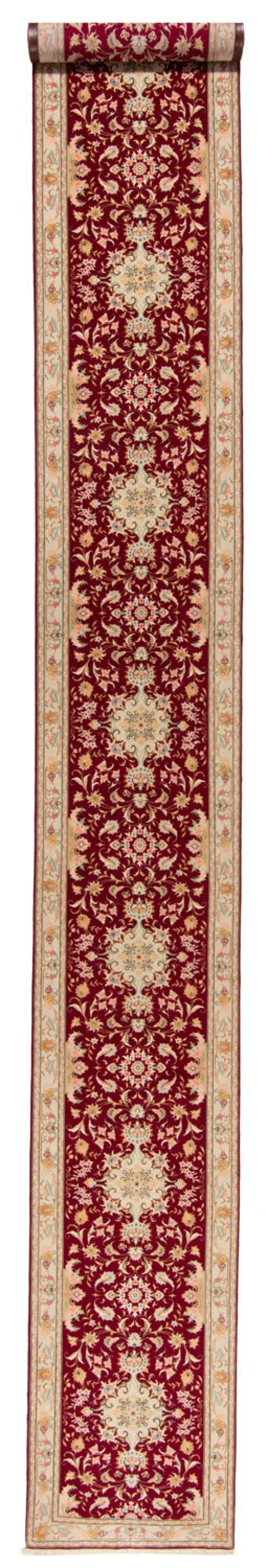 Full view of New Tabriz Silk rug from Iran / Persia, 823 × 91 cm in Red tones