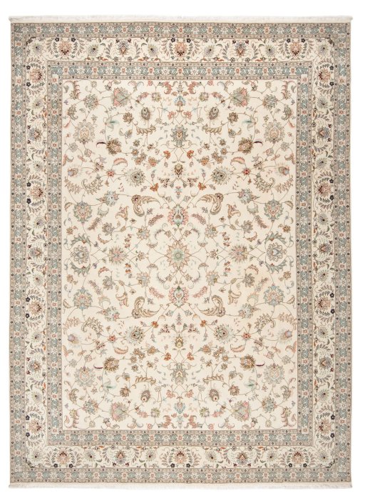 Full view of New Tabriz Silk rug from Iran / Persia, 396 × 305 cm in Beige tones