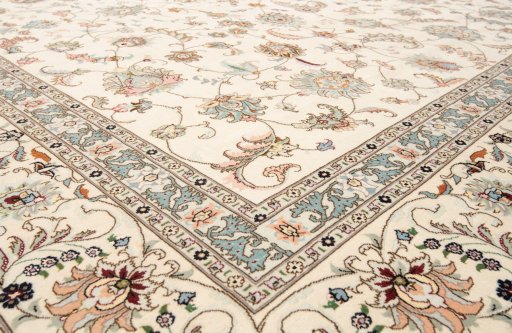 Close-up detail of New Tabriz Silk rug from Iran / Persia showing Wool weave