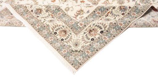 Full view of New Tabriz Silk rug from Iran / Persia, 396 × 305 cm in Beige tones