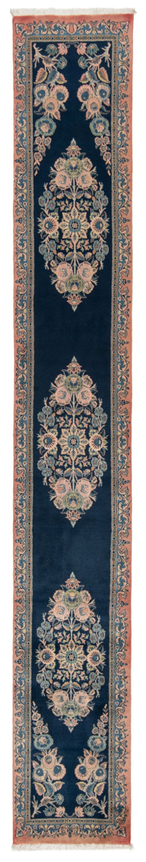 Full view of New Tabriz Silk rug from Iran / Persia, 392 × 57 cm in Blue tones