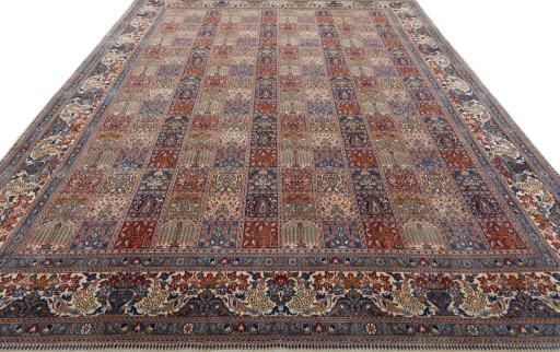 Surface texture of 2000s Moud rug with natural Wool and intricate pattern