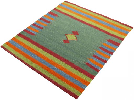 Corner detail of New Kilim Sofre rug showing border pattern and Wool pile