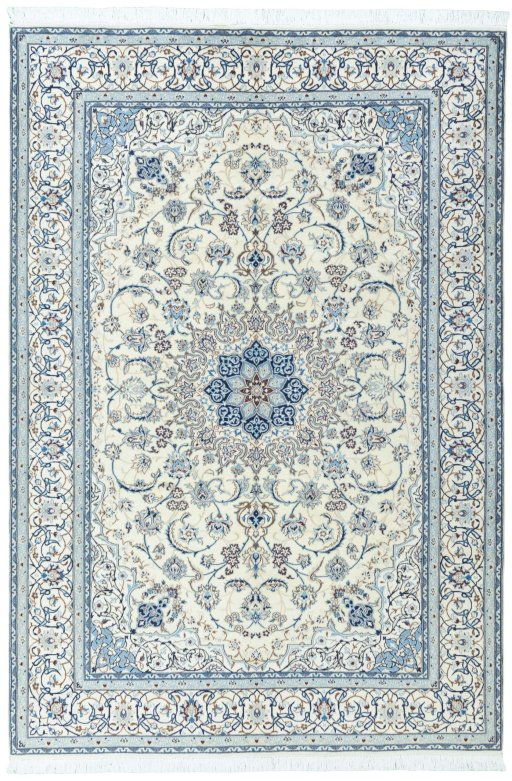 Full view of New Nain rug from Iran / Persia, 307 × 208 cm in Beige tones