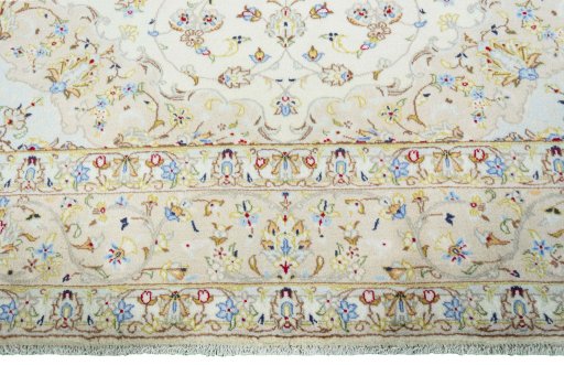 Full view of New Kashan rug from Iran / Persia, 355 × 255 cm in Beige tones