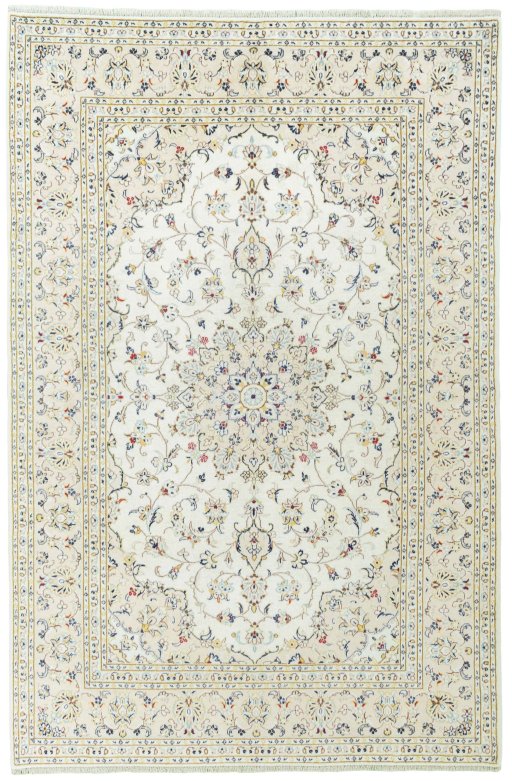 Full view of 2000s Kashan rug from Iran / Persia, 297 × 196 cm in Beige tones