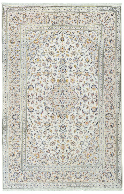 Full view of 2000s Kashan rug from Iran / Persia, 297 × 196 cm in Beige tones
