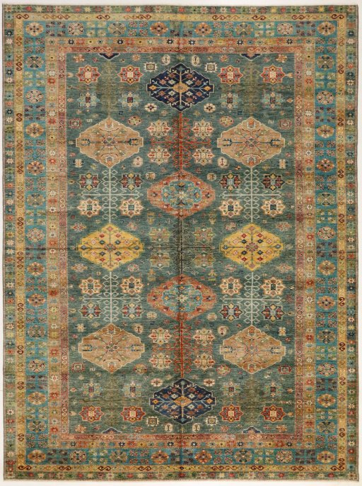 Full view of New Kazak rug from Pakistan, 373 × 279 cm in Green tones