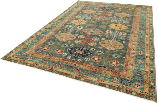 Corner detail of New Kazak rug showing border pattern and Wool pile