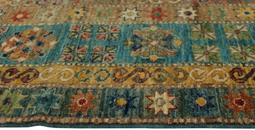 Full view of New Kazak rug from Pakistan, 373 × 279 cm in Green tones
