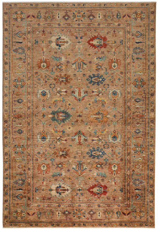 Full view of New Kazak rug from Pakistan, 300 × 205 cm in Beige tones