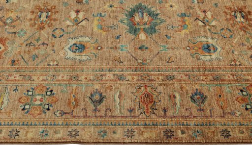 Full view of New Kazak rug from Pakistan, 300 × 205 cm in Beige tones