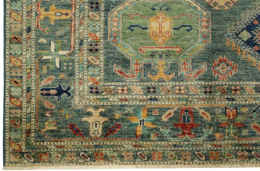 Corner detail of New Kazak rug showing border pattern and Wool pile