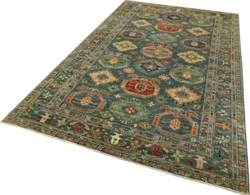 Corner detail of New Kazak rug showing border pattern and Wool pile