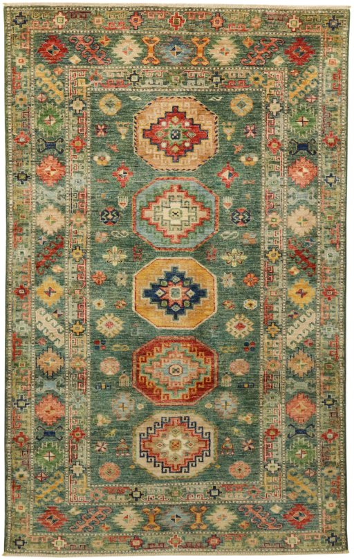 Full view of New Kazak rug from Pakistan, 198 × 124 cm in Green tones