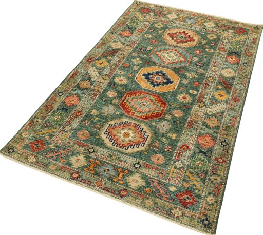 Corner detail of New Kazak rug showing border pattern and Wool pile
