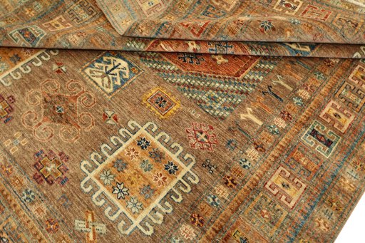 Corner detail of New Kazak rug showing border pattern and Wool pile