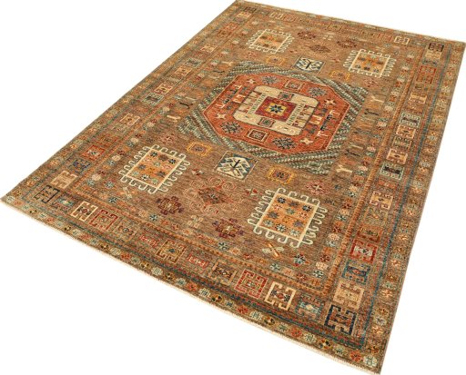 Corner detail of New Kazak rug showing border pattern and Wool pile