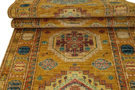 Corner detail of New Kazak rug showing border pattern and Wool pile