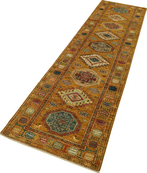 Corner detail of New Kazak rug showing border pattern and Wool pile